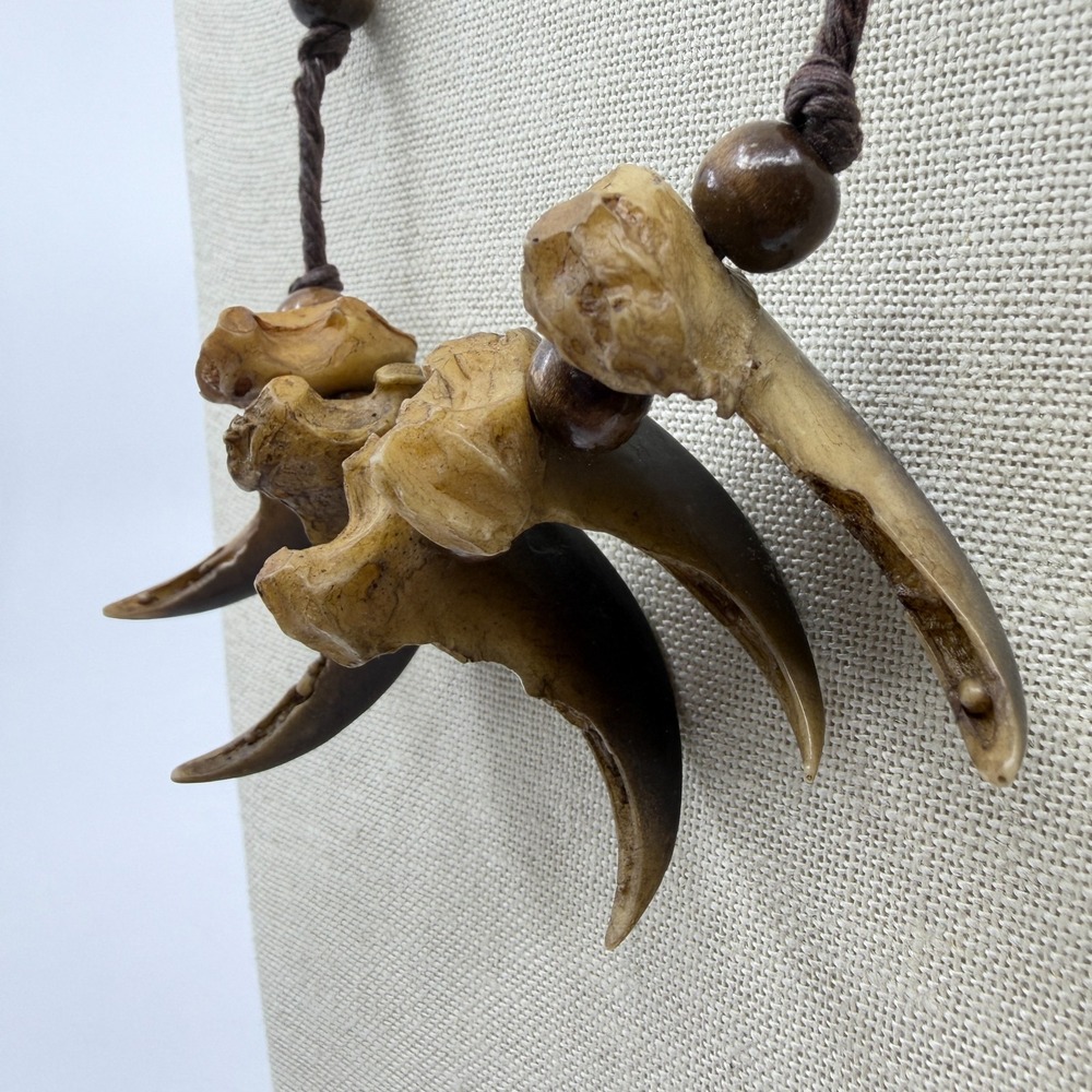 Animal Claw Look Bone Pendant Wood Bead Brown Cord Necklace Tribal Gothic Boho - Picture 7 of 12